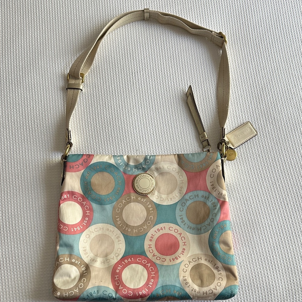 Coach 2012 SnapHead Op Art Beige and Blue Circle Print Crossbody Bag RARE Tags
